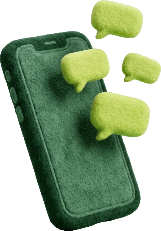 Ilustração 3D de um celular com balões de conversa saindo da tela