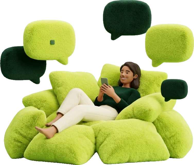 Ilustração 3D de uma dona de negócio relaxada no sofá enquanto balões de conversa flutuam ao redor