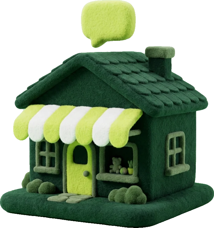 Ilustração 3D de uma lojinha com toldo listrado e um balão de conversa
